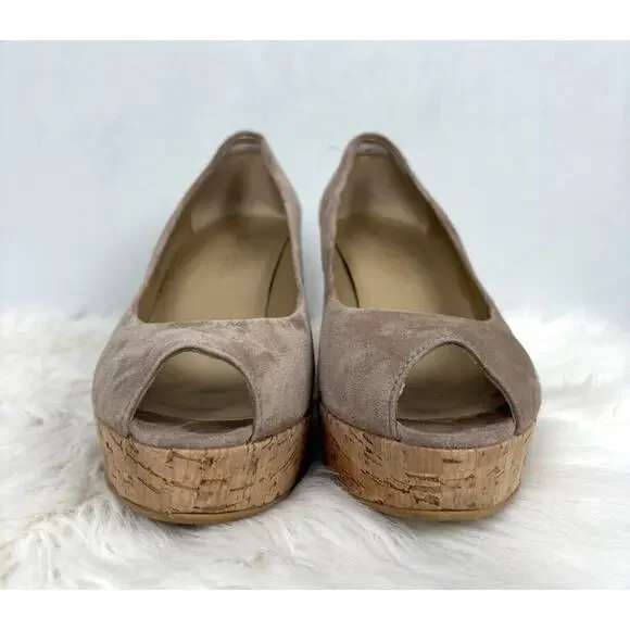 Stuart Weitzman Anna Peep Toe Suede Wedges 8 Brown Slip On Cork Platform Pumps - Picture 3 of 11